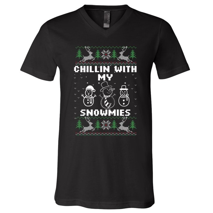 Snowman Christmas Chillin With My Snowmies Ugly Gift Family  V-Neck T-Shirt