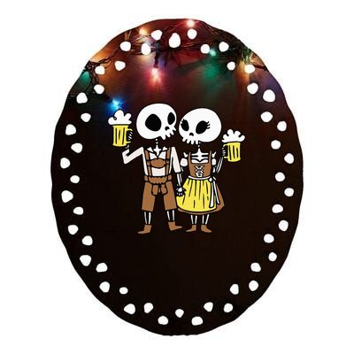 Skeleton Couple Cheering Beer Oktoberfest Halloween Ceramic Oval Ornament