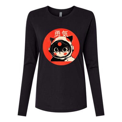 Space Cat Courage Japanese Retro Kawaii Cute Astronaut Cat Womens Cotton Relaxed Long Sleeve T-Shirt