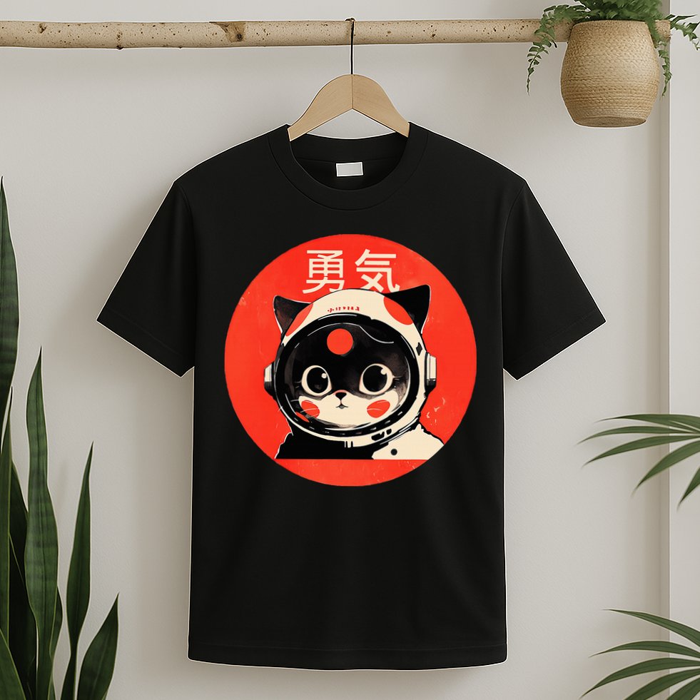Space Cat Courage Japanese Retro Kawaii Cute Astronaut Cat T-Shirt