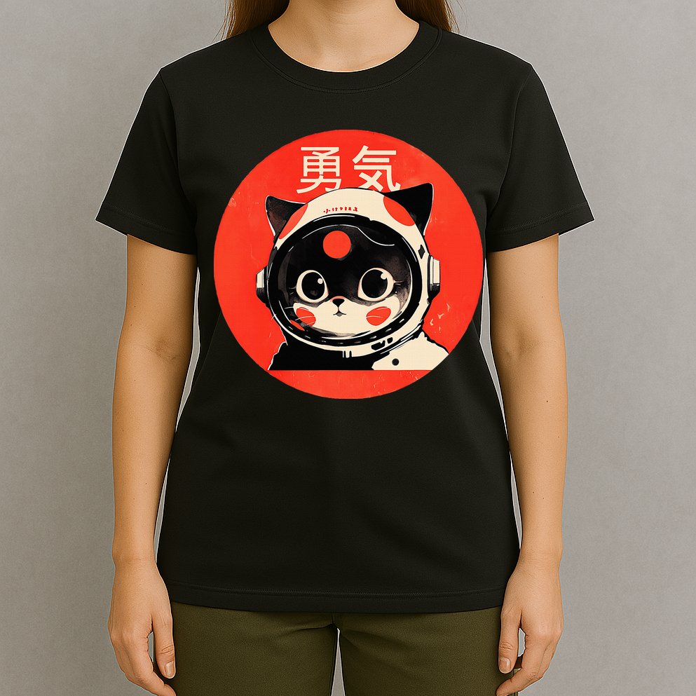 Space Cat Courage Japanese Retro Kawaii Cute Astronaut Cat T-Shirt