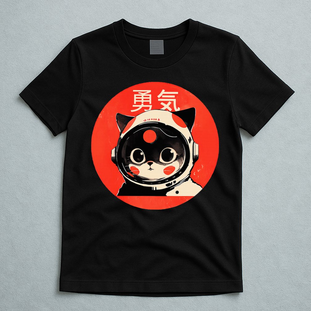 Space Cat Courage Japanese Retro Kawaii Cute Astronaut Cat T-Shirt