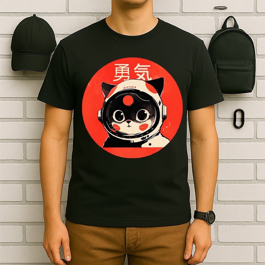 Space Cat Courage Japanese Retro Kawaii Cute Astronaut Cat T-Shirt