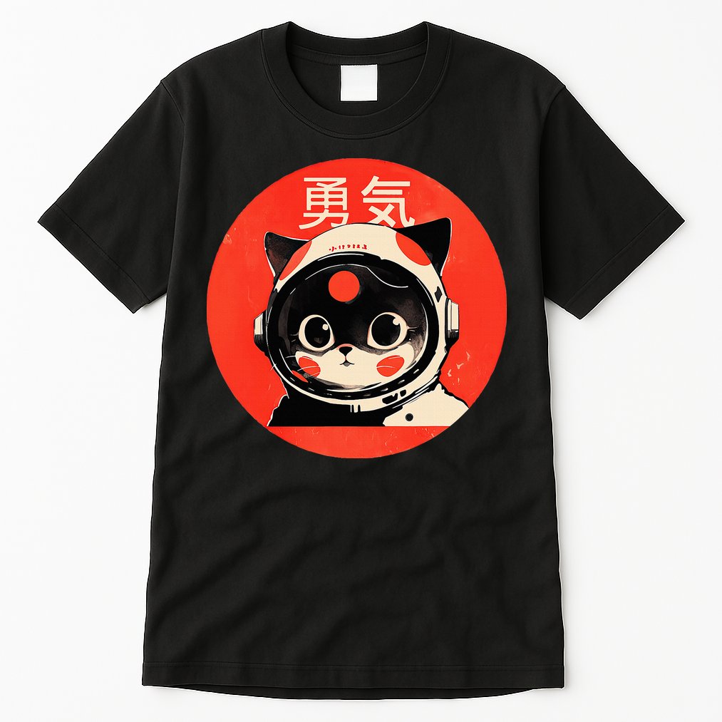 Space Cat Courage Japanese Retro Kawaii Cute Astronaut Cat Tall T-Shirt