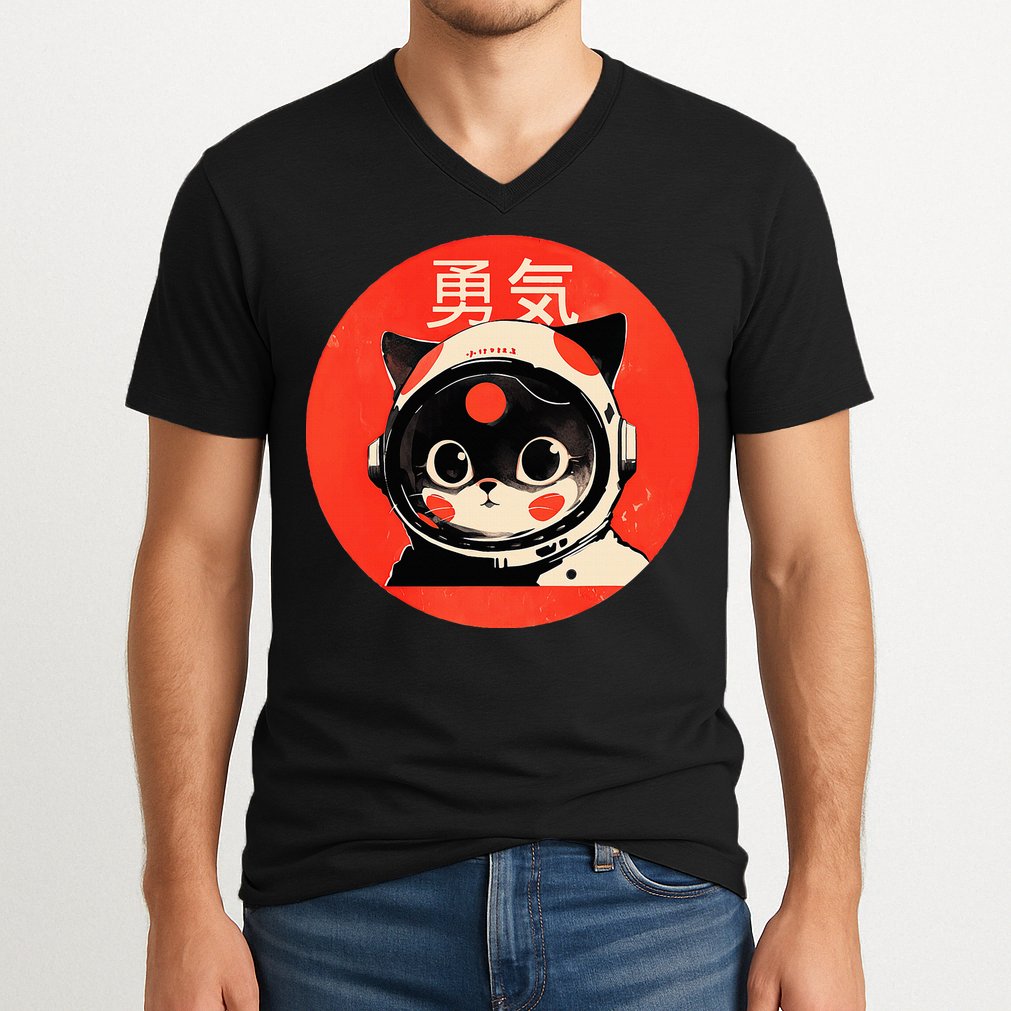 Space Cat Courage Japanese Retro Kawaii Cute Astronaut Cat V-Neck T-Shirt