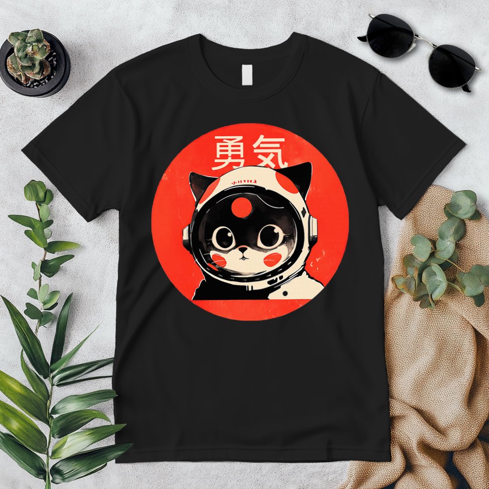Space Cat Courage Japanese Retro Kawaii Cute Astronaut Cat Premium T-Shirt
