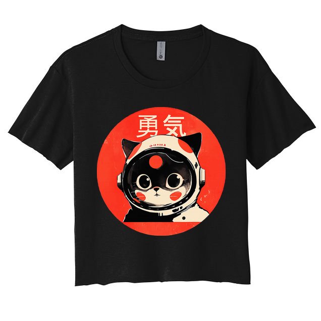 Space Cat Courage Japanese Retro Kawaii Cute Astronaut Cat Women's Crop Top Tee