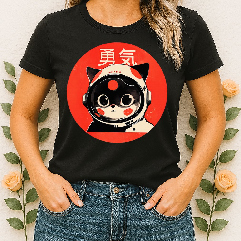 Space Cat Courage Japanese Retro Kawaii Cute Astronaut Cat Womens T-Shirt