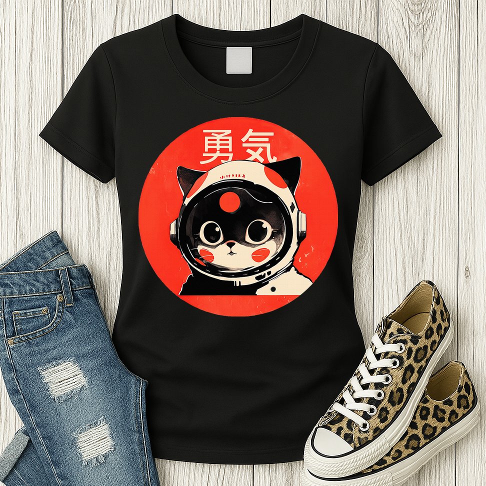 Space Cat Courage Japanese Retro Kawaii Cute Astronaut Cat Womens T-Shirt