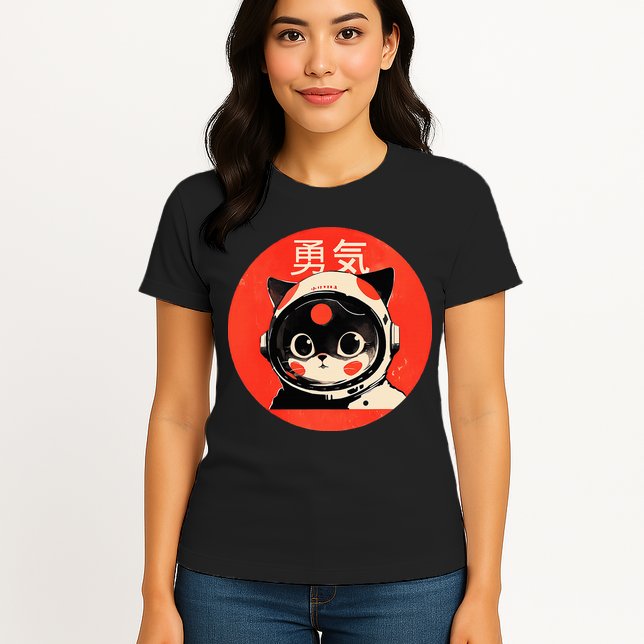 Space Cat Courage Japanese Retro Kawaii Cute Astronaut Cat Womens T-Shirt