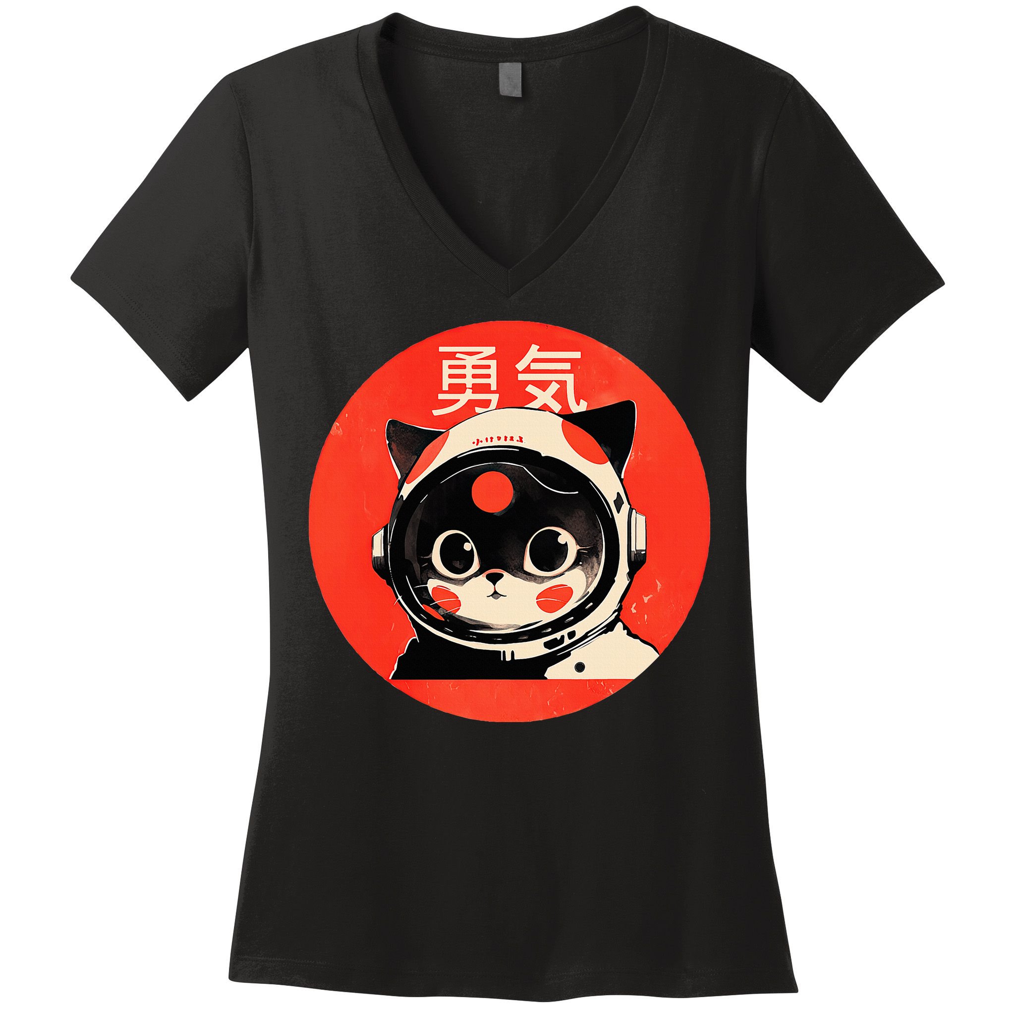 Space Cat Courage Japanese Retro Kawaii Cute Astronaut Cat Women's V-Neck T-Shirt