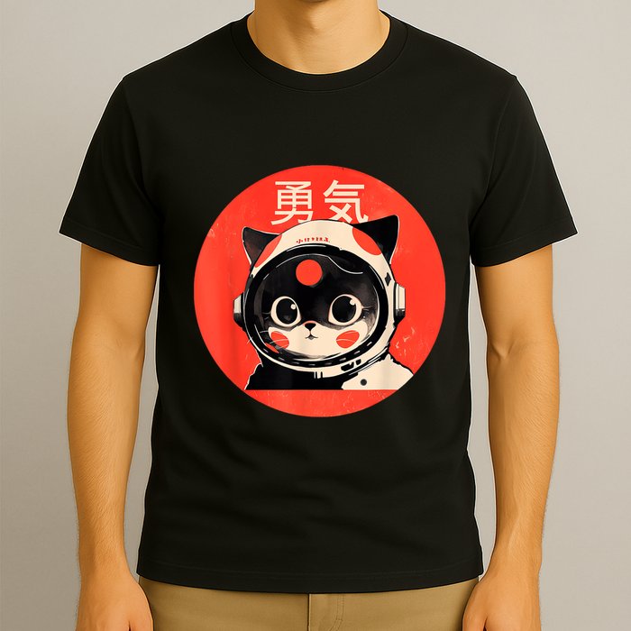 Space Cat Courage Japanese Retro Kawaii Cute Astronaut Cat T-Shirt