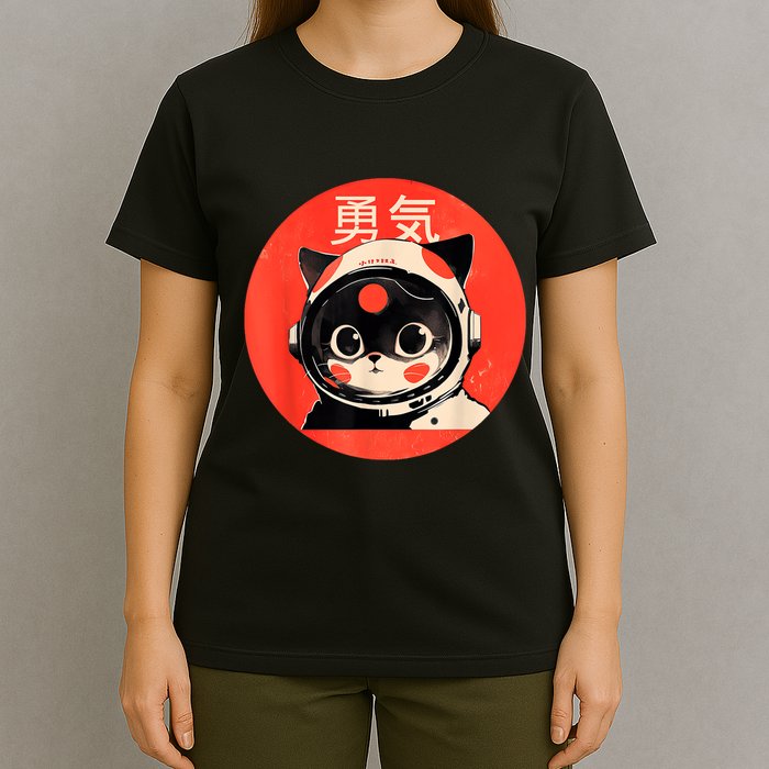 Space Cat Courage Japanese Retro Kawaii Cute Astronaut Cat T-Shirt