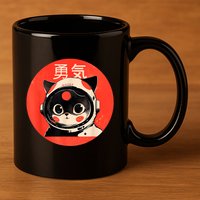 Space Cat Courage Japanese Retro Kawaii Cute Astronaut Cat 11oz C Handle Ceramic Mug