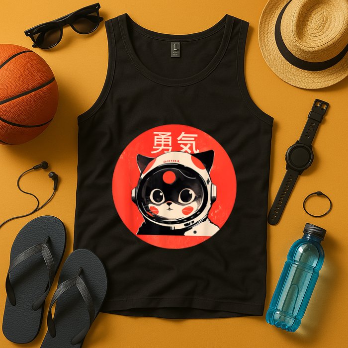 Space Cat Courage Japanese Retro Kawaii Cute Astronaut Cat Tank Top