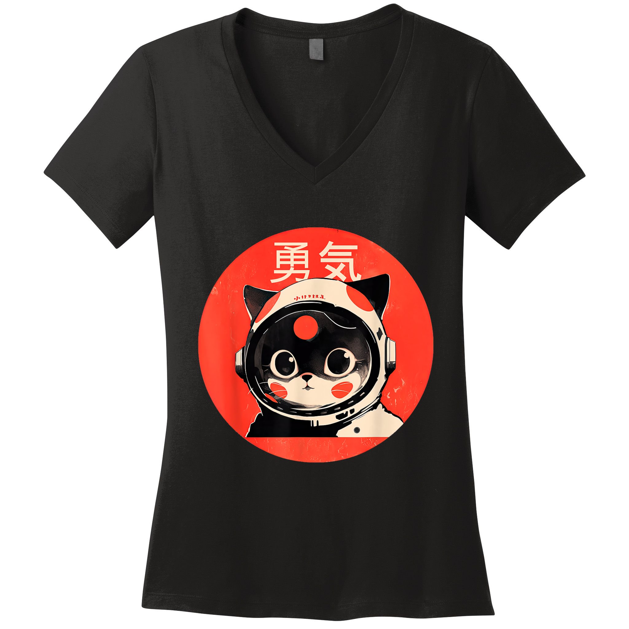 Space Cat Courage Japanese Retro Kawaii Cute Astronaut Cat Women's V-Neck T-Shirt