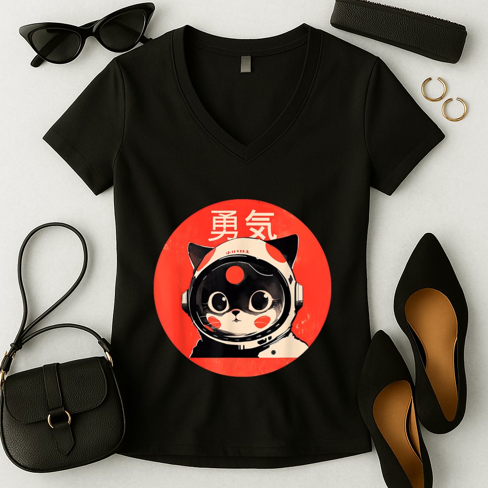Space Cat Courage Japanese Retro Kawaii Cute Astronaut Cat Women's V-Neck T-Shirt