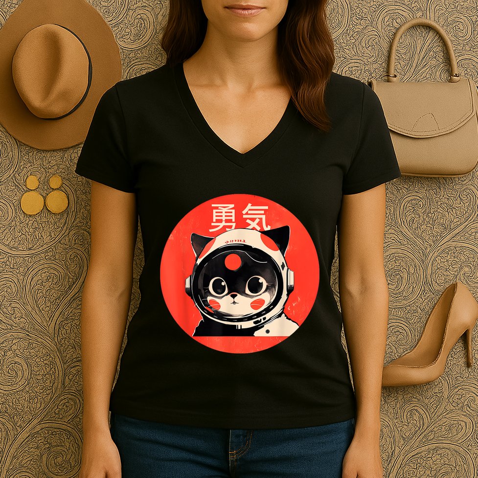 Space Cat Courage Japanese Retro Kawaii Cute Astronaut Cat Women's V-Neck T-Shirt