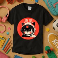Space Cat Courage Japanese Retro Kawaii Cute Astronaut Cat Kids T-Shirt