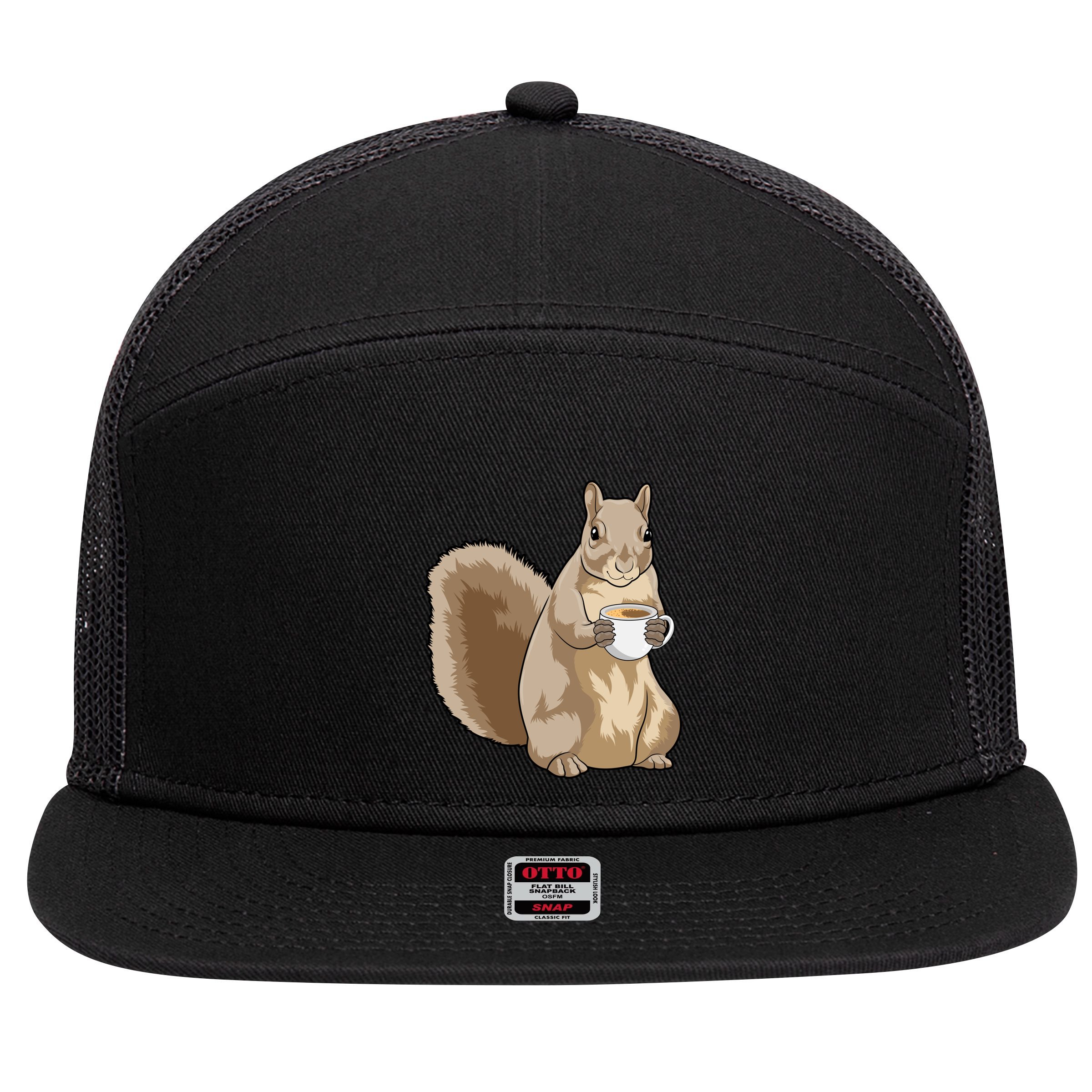 Squirrel Coffee Cup Gift 7 Panel Mesh Trucker Snapback Hat