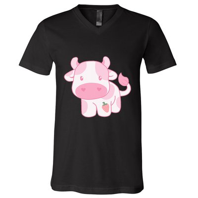 Strawberry Cow Cute Pink Pastel V-Neck T-Shirt