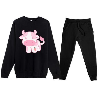 Strawberry Cow Cute Pink Pastel Premium Crewneck Sweatsuit Set