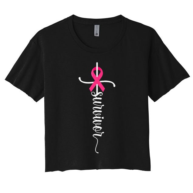 Survivor Christian Cross Warrior Pink Ribbon Breast Cancer Crop Top