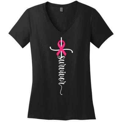 Survivor Christian Cross Warrior Pink Ribbon Breast Cancer Women's V-Neck T-Shirt