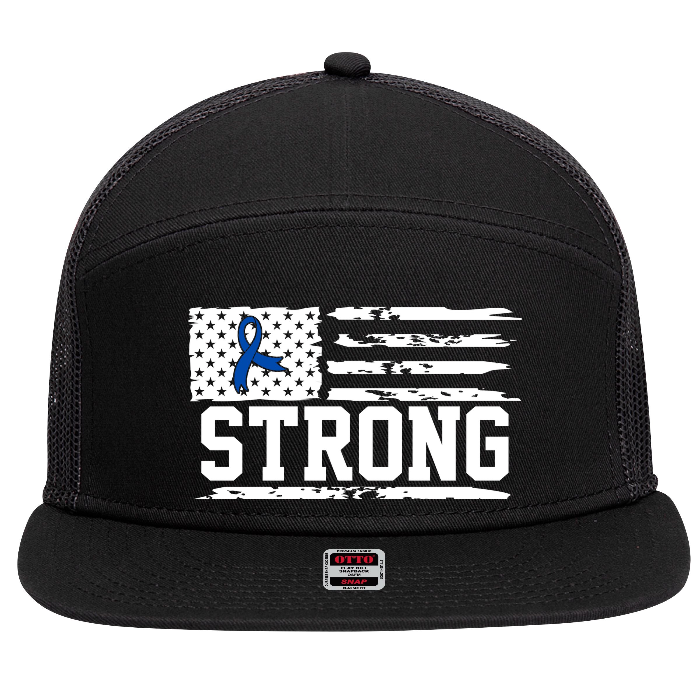 Strong Colon Cancer Awareness Flag 7 Panel Mesh Trucker Snapback Hat