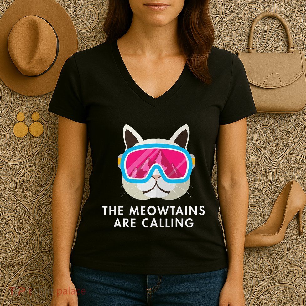 Ski Cat Cats Skiing Snowboard Skier Mountains Outfit Women's V-Neck T-Shirt