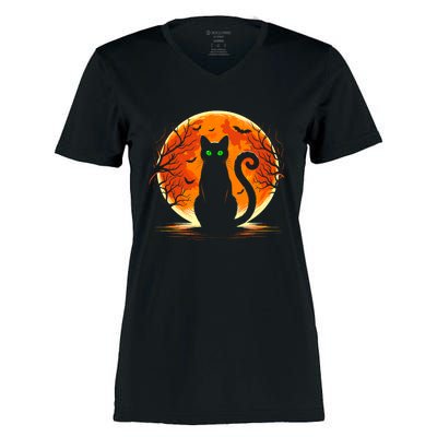 Scary Cat Costume Retro Moon Cat Women's Momentum V-Neck T-Shirt