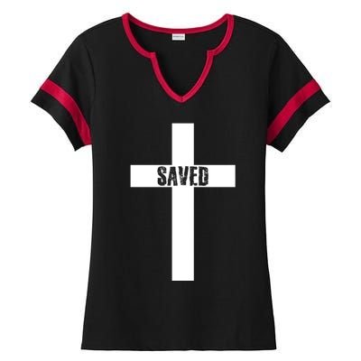 Saved Cross Christian Inspirational Ladies Halftime Notch Neck Tee