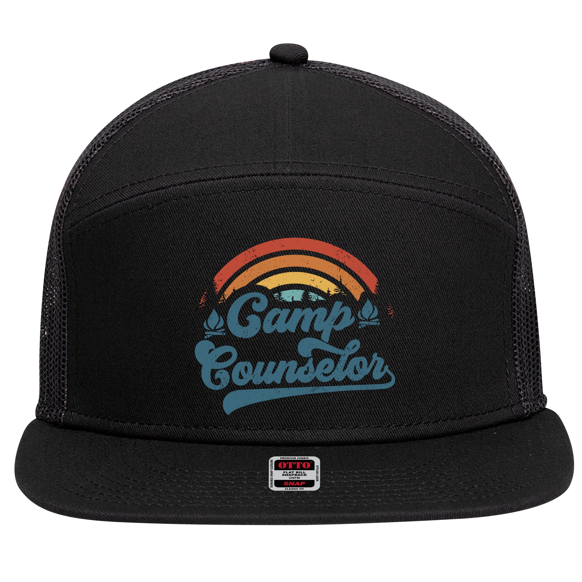Summer Camp Counselor Staff Groovy Rainbow Camp Counselor 7 Panel Mesh Trucker Snapback Hat