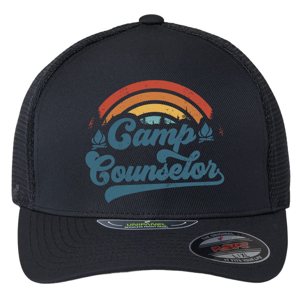 Summer Camp Counselor Staff Groovy Rainbow Camp Counselor Flexfit Unipanel Trucker Cap