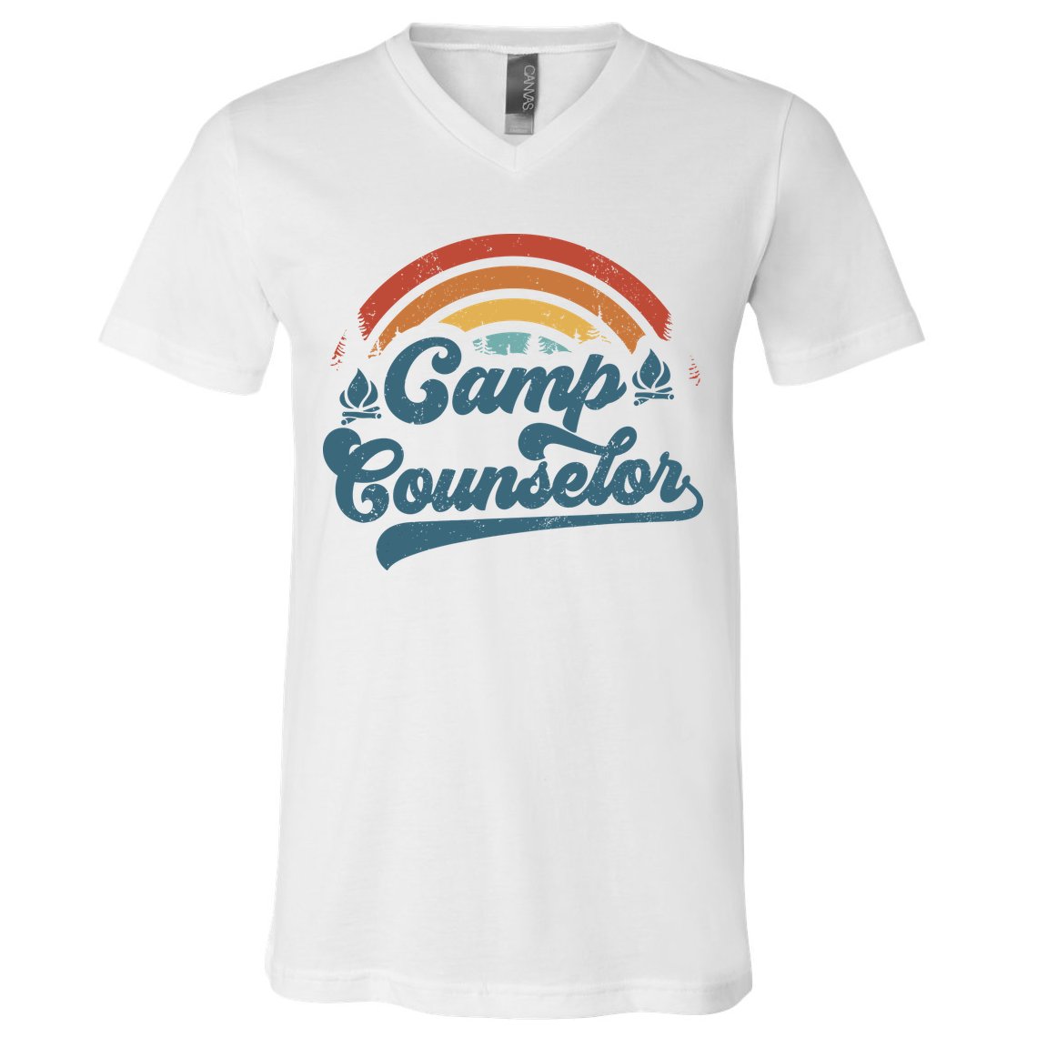 Summer Camp Counselor Staff Groovy Rainbow Camp Counselor V-Neck T-Shirt