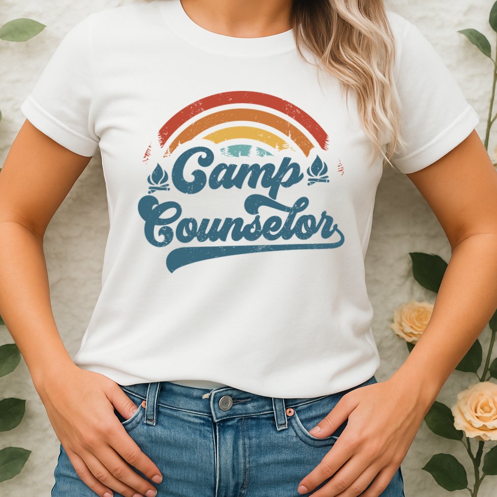 Summer Camp Counselor Staff Groovy Rainbow Camp Counselor Womens T-Shirt