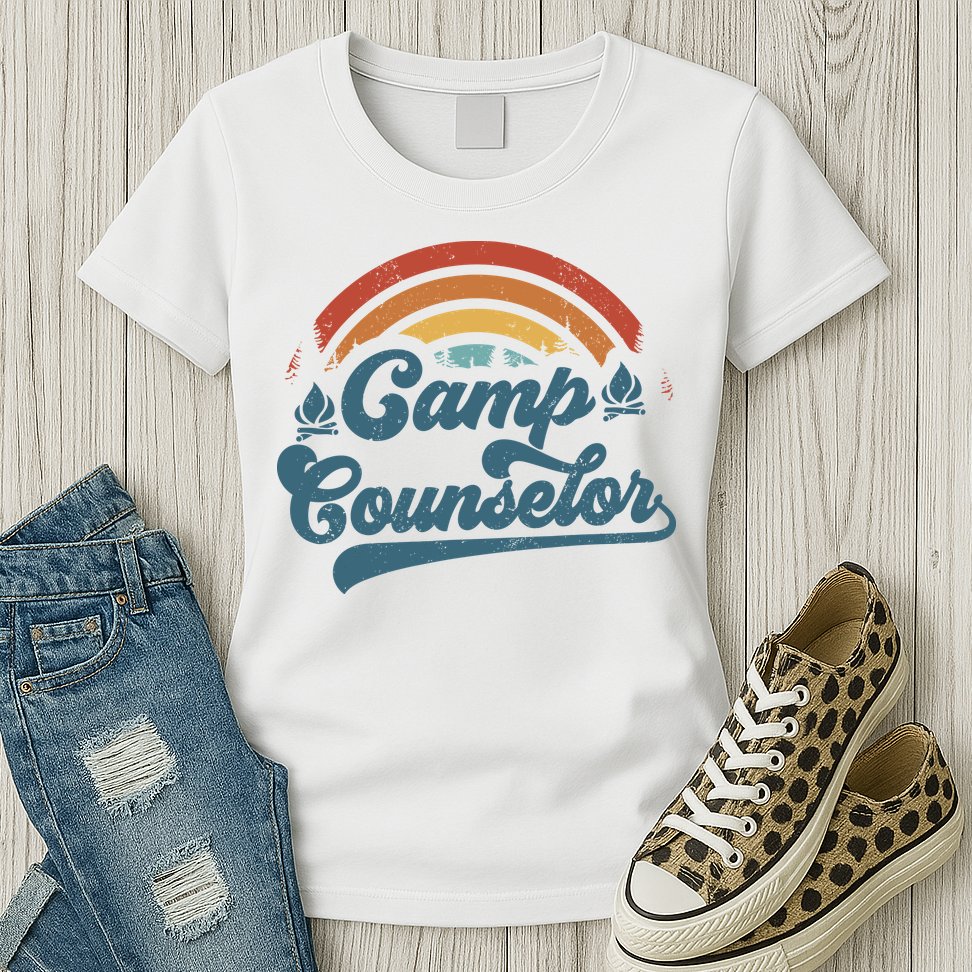 Summer Camp Counselor Staff Groovy Rainbow Camp Counselor Womens T-Shirt