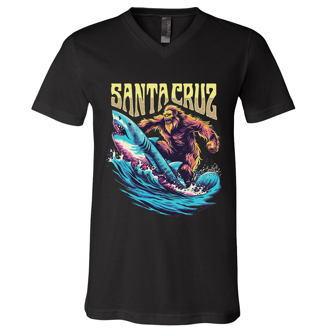 Santa Cruz California Summer Surfing Bigfoot Shark V-Neck T-Shirt