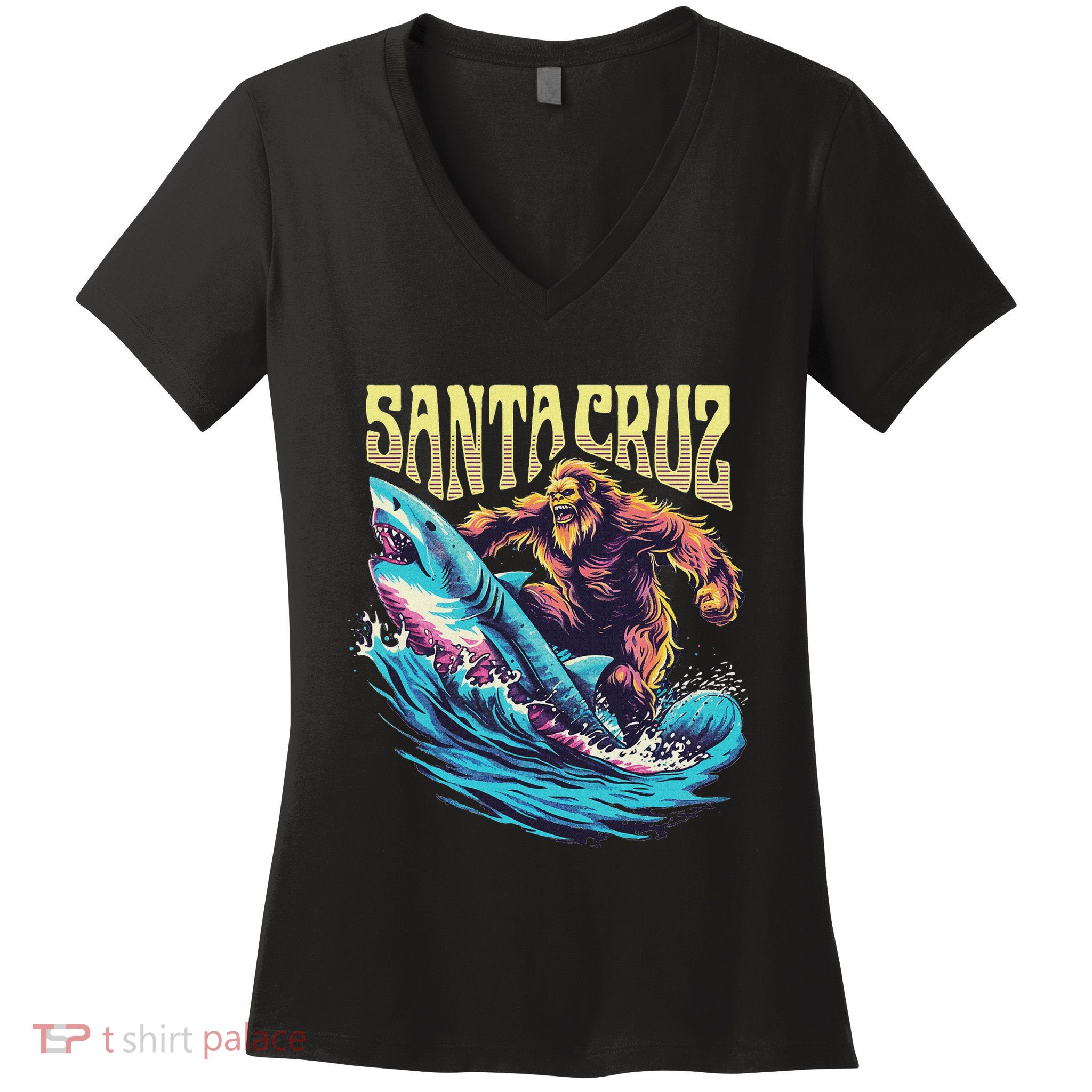 Santa Cruz California Summer Surfing Bigfoot Shark Women's V-Neck T-Shirt
