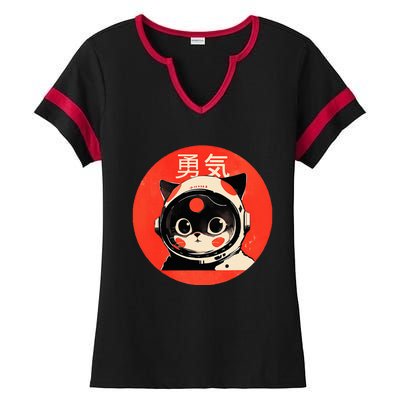 Space Cat Courage Japanese Retro Kawaii Cute Astronaut Cat Ladies Halftime Notch Neck Tee