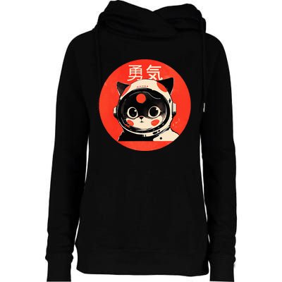 Space Cat Courage Japanese Retro Kawaii Cute Astronaut Cat Womens Funnel Neck Pullover Hood