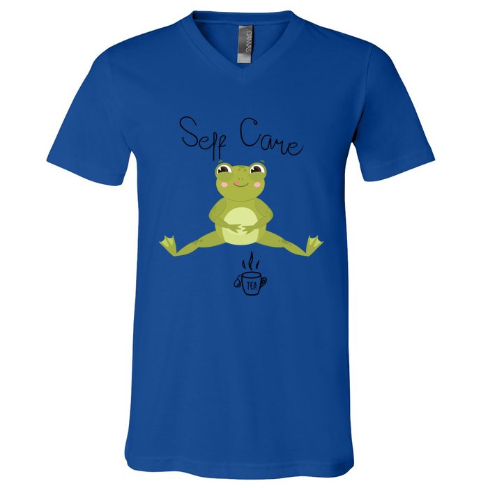 Self Care Cute Kawaii Frog Ing Tea Funny Frog Gift V-Neck T-Shirt