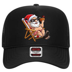 Santa Claus Christmas in July Tropical Hawaiian Xmas High Crown Mesh Back Trucker Hat