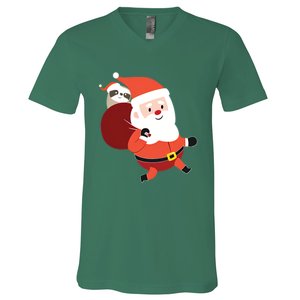 Santa Claus Carrying A Sloth Christmas V-Neck T-Shirt