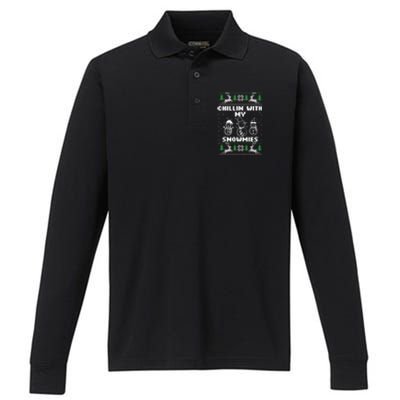 Snowman Christmas Chillin With My Snowmies Ugly Gift Family Performance Long Sleeve Polo