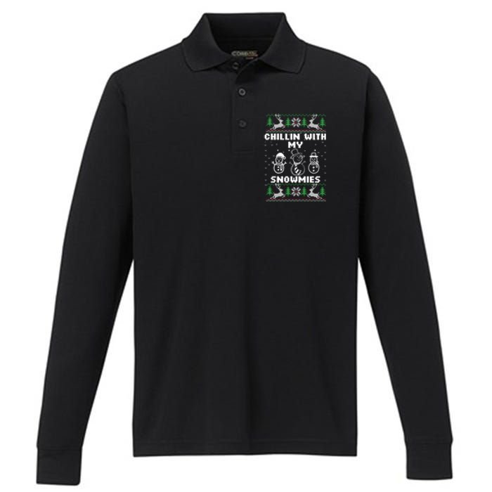 Snowman Christmas Chillin With My Snowmies Ugly Gift Family Performance Long Sleeve Polo