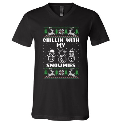 Snowman Christmas Chillin With My Snowmies Ugly Gift Family V-Neck T-Shirt