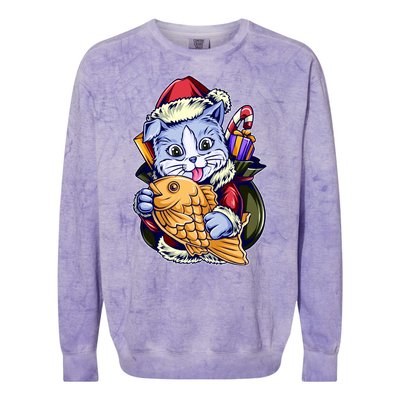 Santa Claus Christmas Cat Bringing Goldfish Colorblast Crewneck Sweatshirt