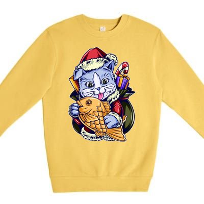 Santa Claus Christmas Cat Bringing Goldfish Premium Crewneck Sweatshirt