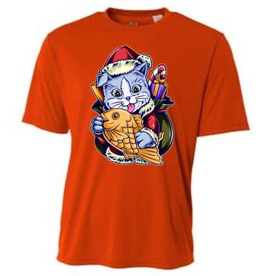 Santa Claus Christmas Cat Bringing Goldfish Cooling Performance Crew T-Shirt